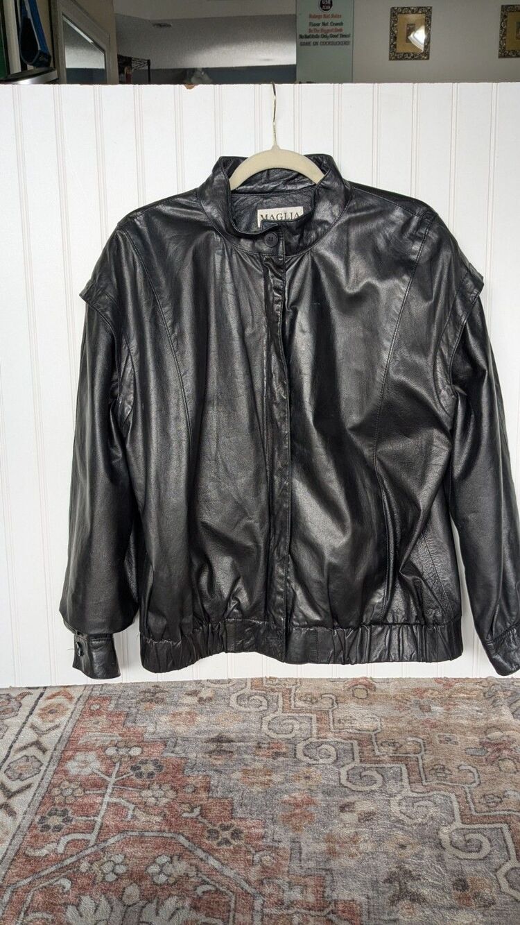 Maglia Vintage Women's 80's 90's Black Oversized Leather Zip up Jacket Large